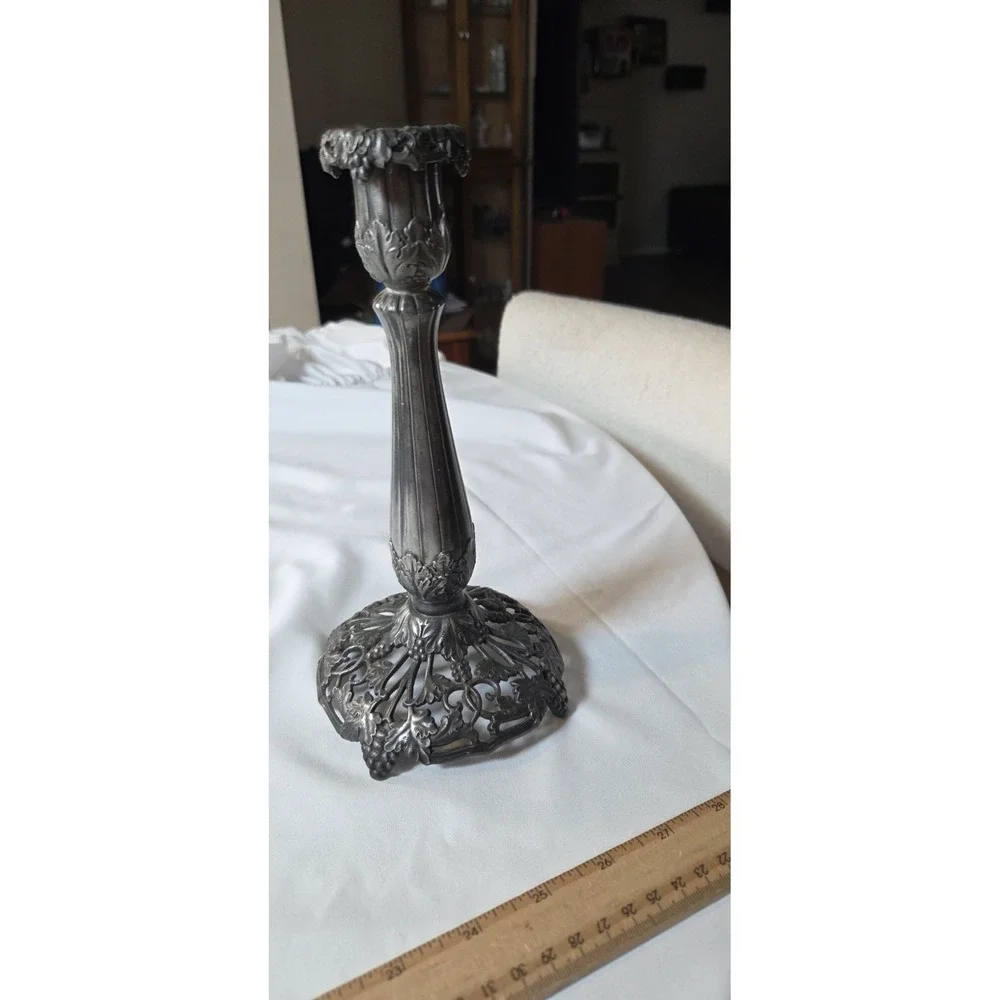 Antique‎ Art Nouveau Grape Vine Candlestick Pewter Pierced Base 9